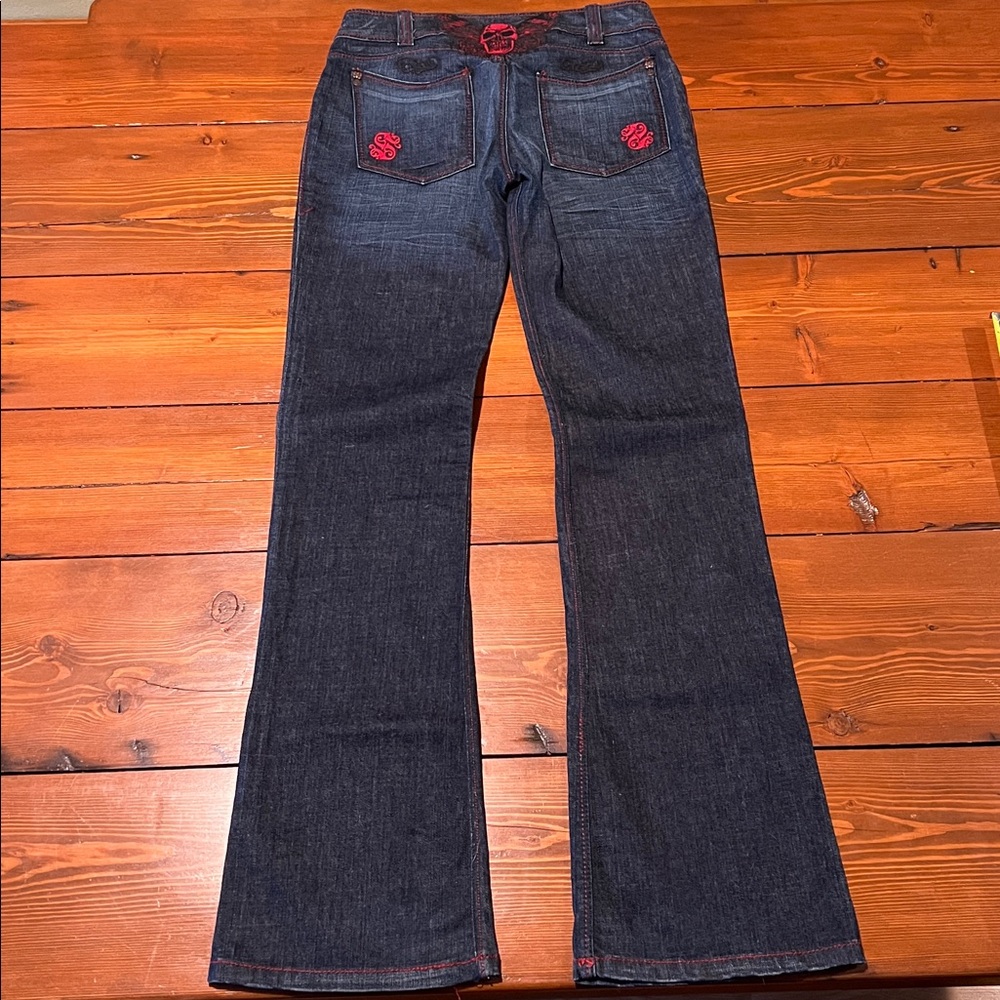 Vintage Sinful By Affliction Jeans - Dark Wash Red Stitching Skull - Size 27